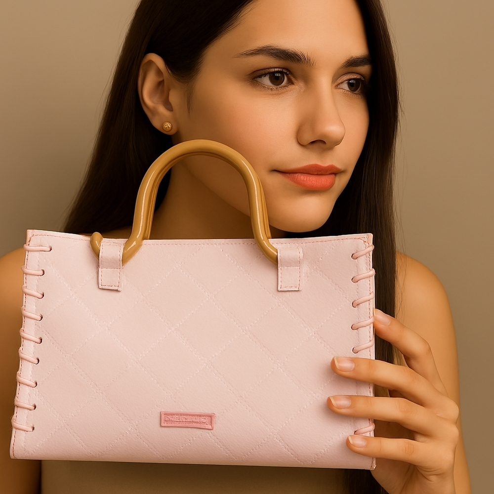 Samantha Thavasa Pink Quilted Tote Bag – Tan Wooden Handle Handbag Accessories